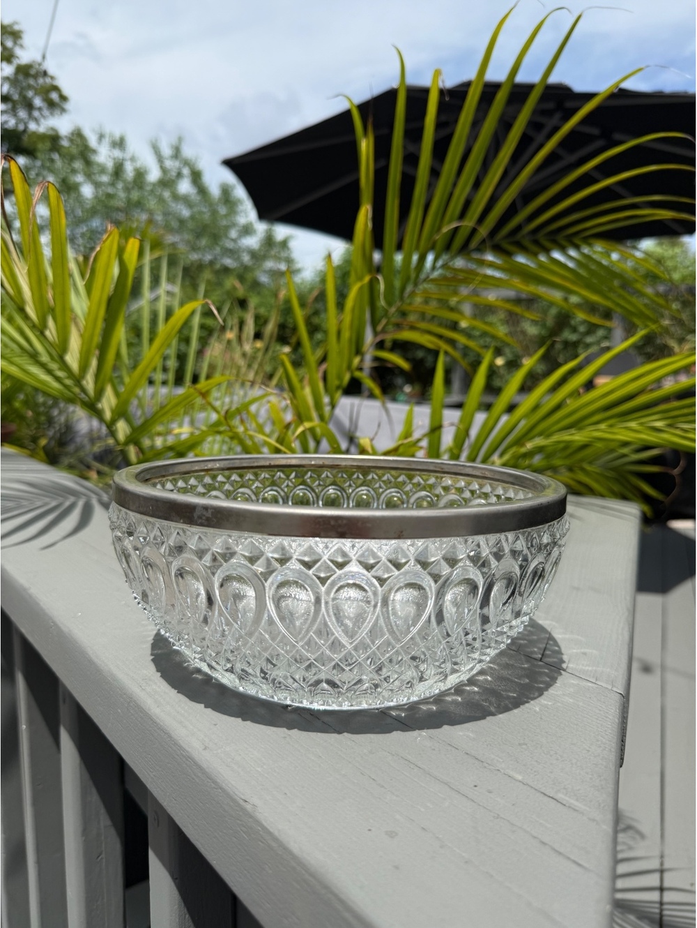 Vintage Pressed Glass Bowl with Silver Tone Rim | Elegant Serving Bowl 8.5”